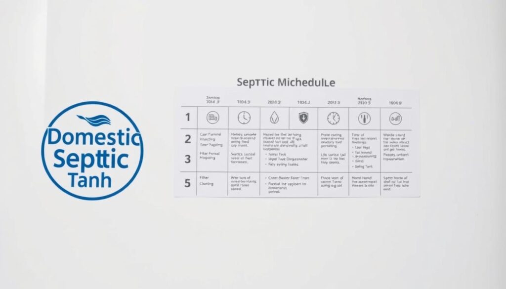 A simple, well-maintained septic tank schedule displayed on a clean, white background. In the foreground, the "Domestic Septic Tank" logo prominently features, conveying a sense of reliability and expertise. The middle ground showcases a detailed septic tank maintenance timeline, with clear, easy-to-understand icons and text outlining the various tasks and their frequencies, such as pumping, inspections, and filter cleanings. The background has a subtle, muted grid pattern, adding a sense of organization and structure to the image. The lighting is soft and evenly distributed, creating a professional, informative tone. The camera angle is slightly elevated, giving an overview of the entire maintenance schedule, making it easy to digest and understand.